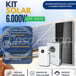 KIT DE ENERGIA SOLAR 6.000W SISTEMA FUERA DE RED (MPPT) INCLUYE INSTALACION (LITIO)