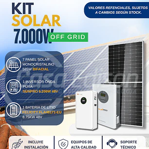 KIT DE ENERGIA SOLAR 7.000W SISTEMA FUERA DE RED (MPPT) INCLUYE INSTALACION (LITIO)