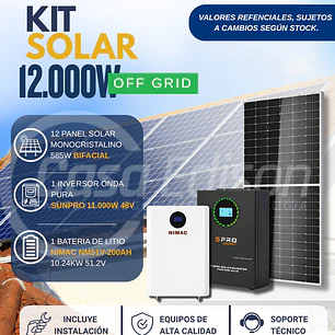 KIT DE ENERGIA SOLAR 12.000W SISTEMA FUERA DE RED (MPPT) INCLUYE INSTALACION (LITIO)