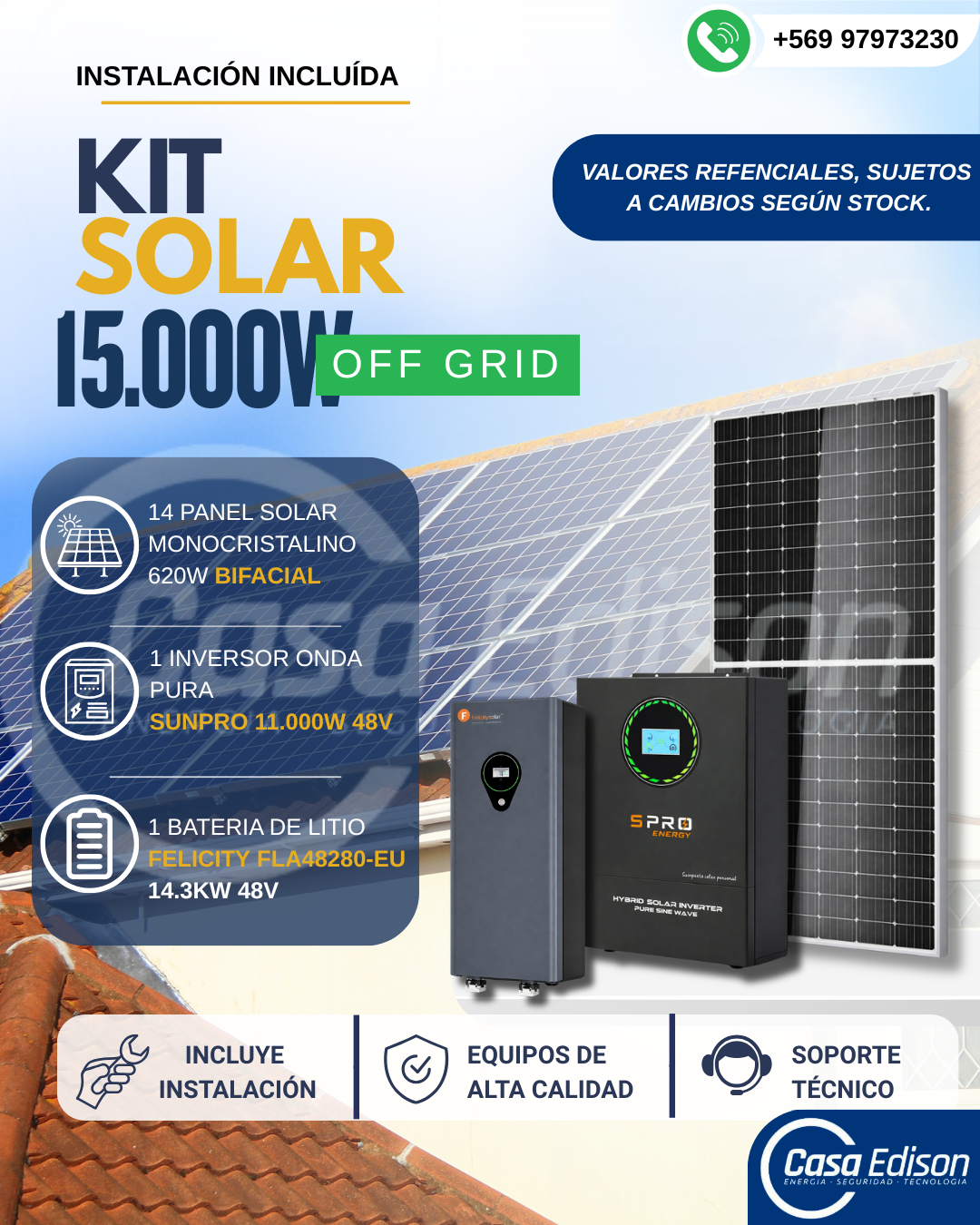 KIT DE ENERGIA SOLAR 15.000W SISTEMA FUERA DE RED (MPPT) INCLUYE INSTALACION (LITIO) 1