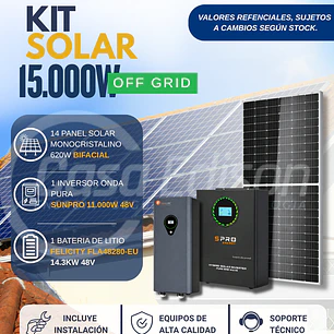 KIT DE ENERGIA SOLAR 15.000W SISTEMA FUERA DE RED (MPPT) INCLUYE INSTALACION (LITIO)
