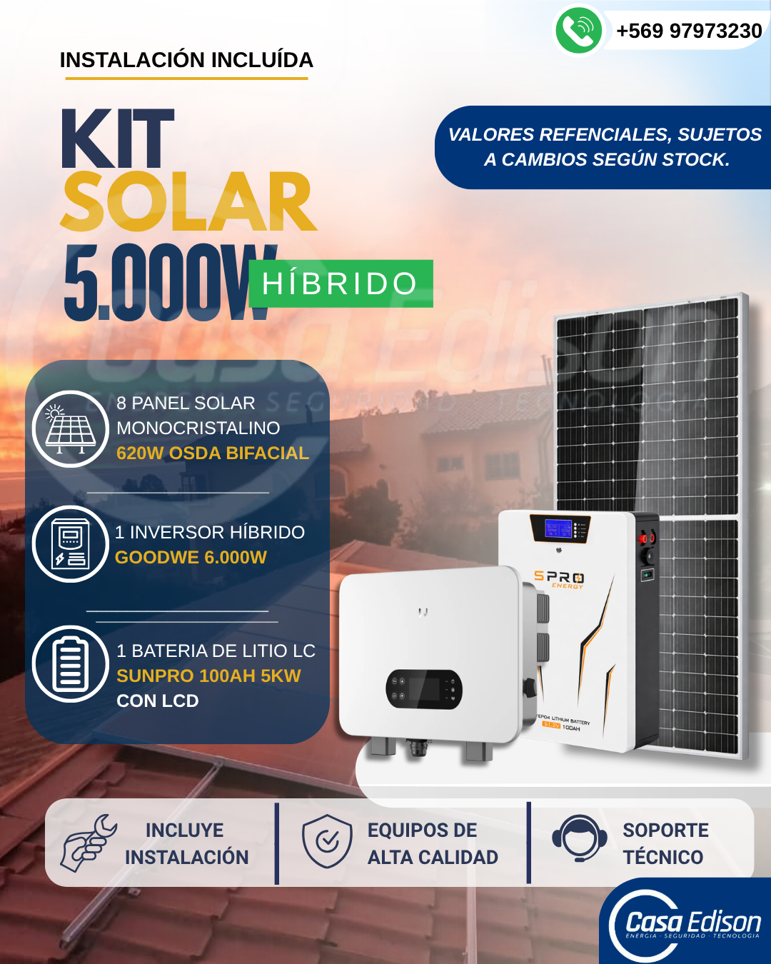 KIT DE ENERGIA SOLAR ONGRID HIBRIDO 5kW CON BATERIA 5kW