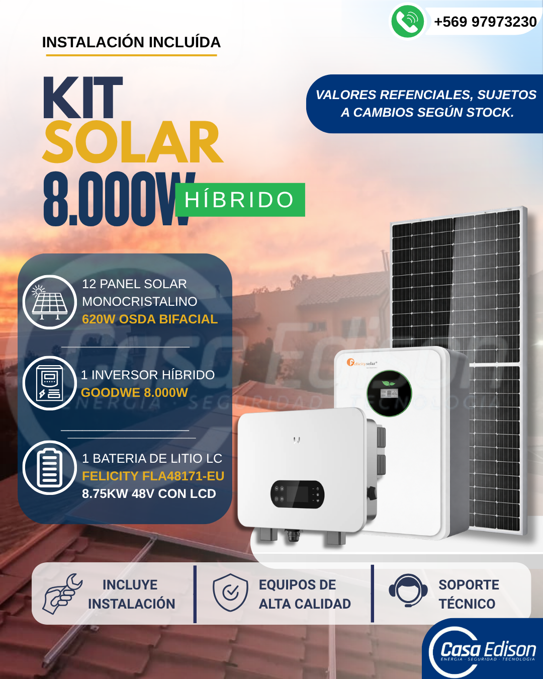 KIT DE ENERGIA SOLAR ONGRID HIBRIDO 8kW CON BATERIA 8,75kW