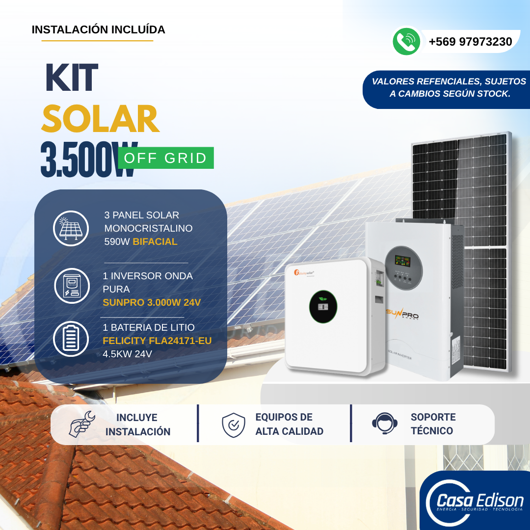 KIT DE ENERGIA SOLAR 3.500W SISTEMA FUERA DE RED (MPPT) INCLUYE INSTALACION (LITIO) 1