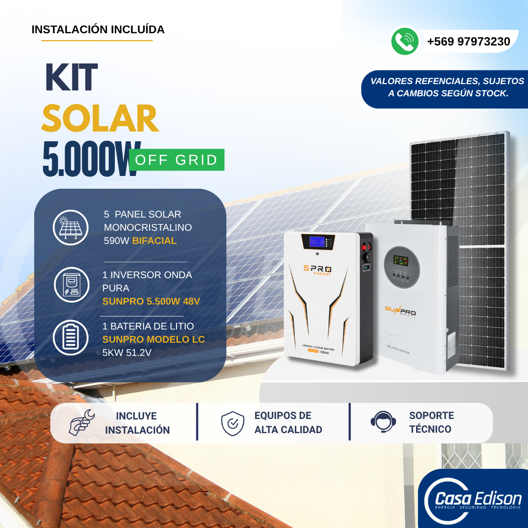 KIT DE ENERGIA SOLAR 5.000W SISTEMA FUERA DE RED (MPPT) INCLUYE INSTALACION (LITIO) 1