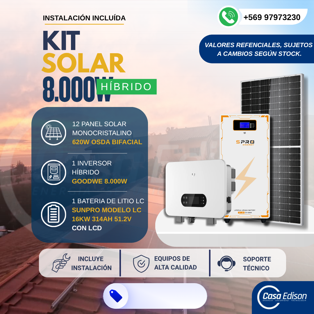 KIT DE ENERGIA SOLAR ONGRID HIBRIDO 8kW CON BATERIA 16kW