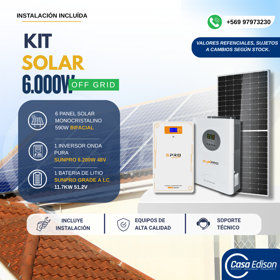 KIT DE ENERGIA SOLAR 6.000W SISTEMA FUERA DE RED (MPPT) INCLUYE INSTALACION (LITIO) 1