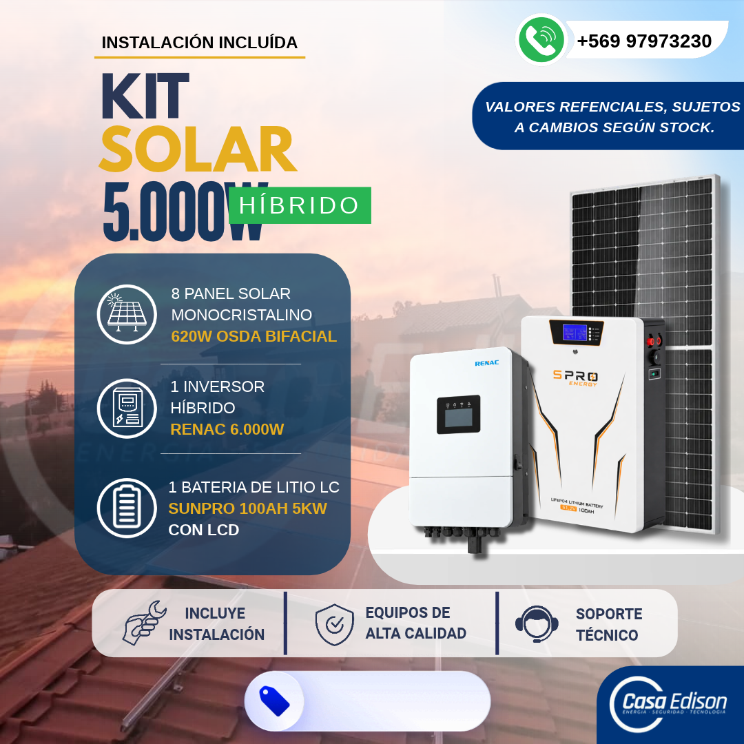KIT DE ENERGIA SOLAR ONGRID HIBRIDO 5kW CON BATERIA 5kW