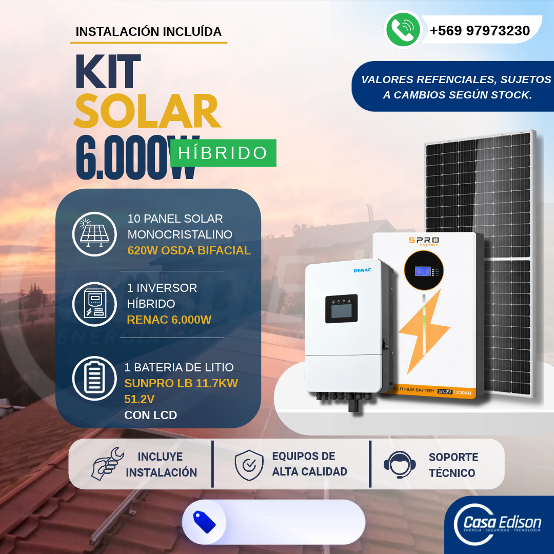 KIT DE ENERGIA SOLAR ONGRID HIBRIDO 6kW CON BATERIA 11.7kW