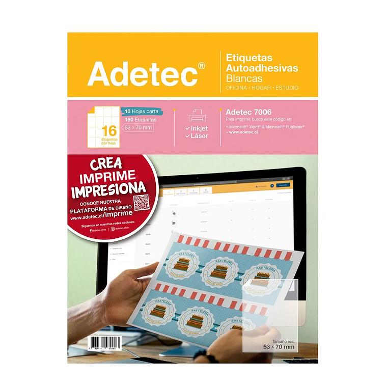 Etiqueta Inkjet/Laser Adetec - Carta Blanca 53X70 Mm 10 Hj 1