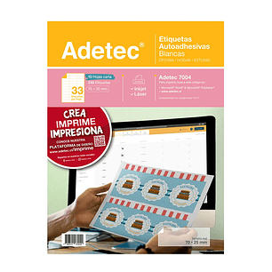 Etiqueta Inkjet/Laser Adetec - Carta Blanca 70X25 Mm 10 Hj