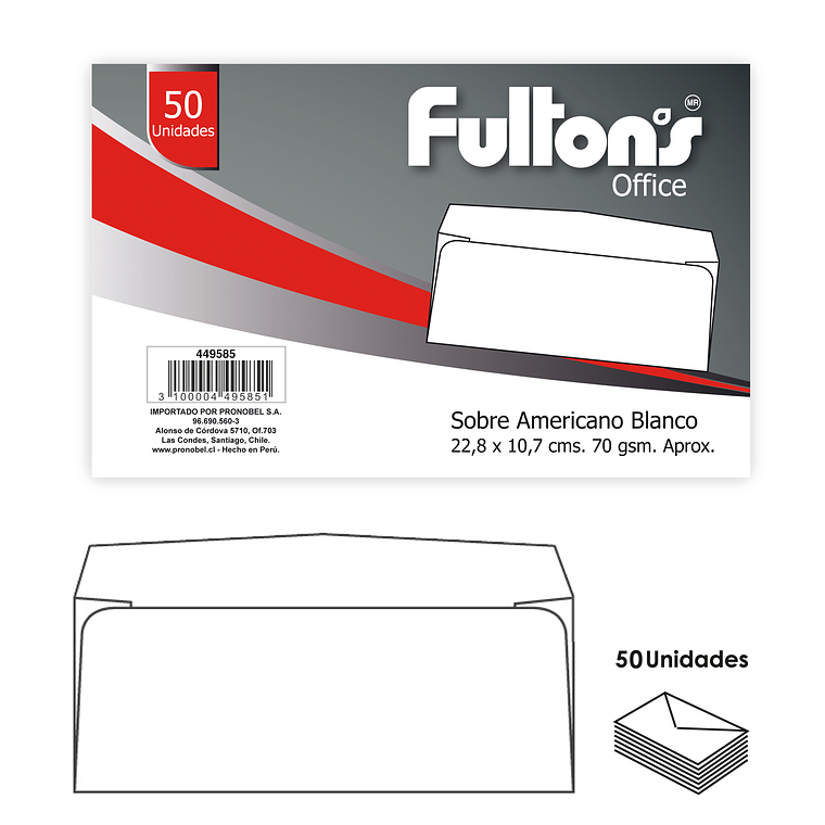Sobre Americano 228X10Mm Blan 50 Unidades Fultons 1
