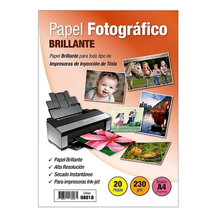Papel Fotografico Inkjet - A4 Brillante 230 Gr 20 Hojas