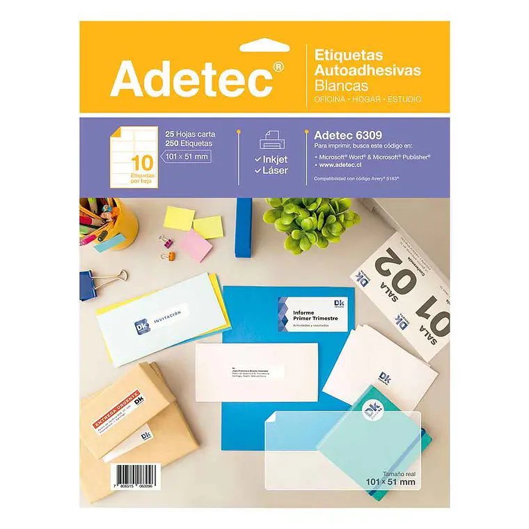 Etiqueta Inkjet/Laser Adetec - Carta Blanca 101X51 Mm 25 Hojas 1