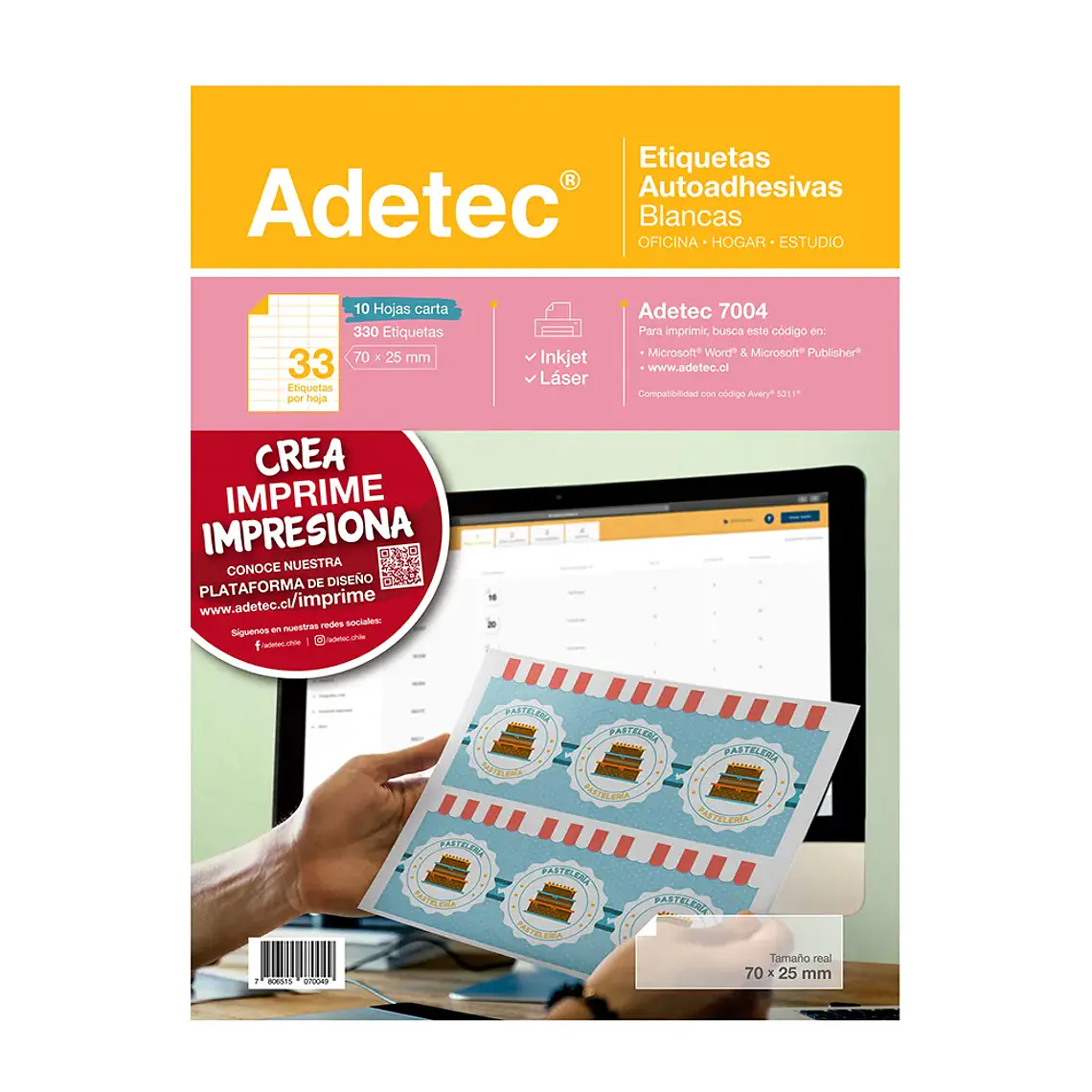 Etiqueta Inkjet/Laser Adetec - Carta Blanca 70X25 Mm 10 Hj 1