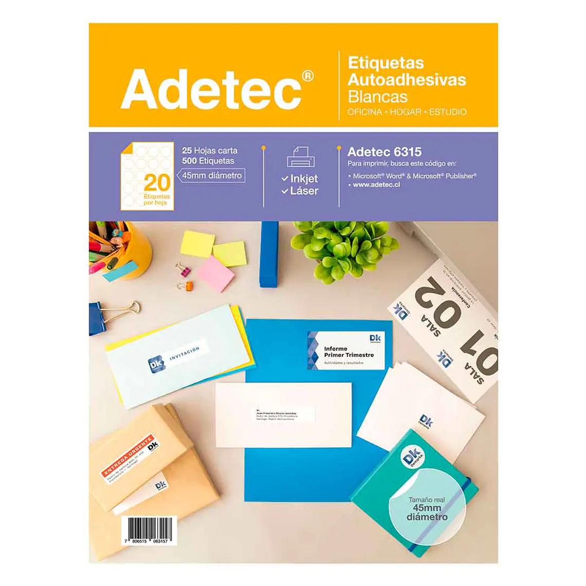 Etiqueta Inkjet/Laser Adetec - Carta Blanca Circular 45 Mm 25 Hojas 1