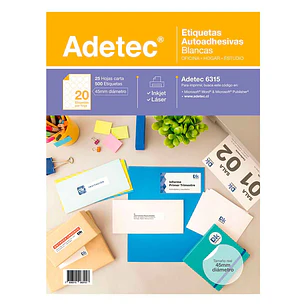 Etiqueta Inkjet/Laser Adetec - Carta Blanca Circular 45 Mm 25 Hojas
