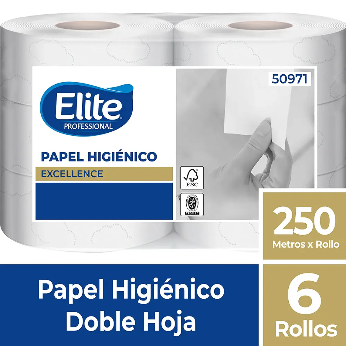 PAPEL HIGIENICO JUMBO ELITE DOBLE HOJA 250 MTS 6 ROLLOS PAQ 1
