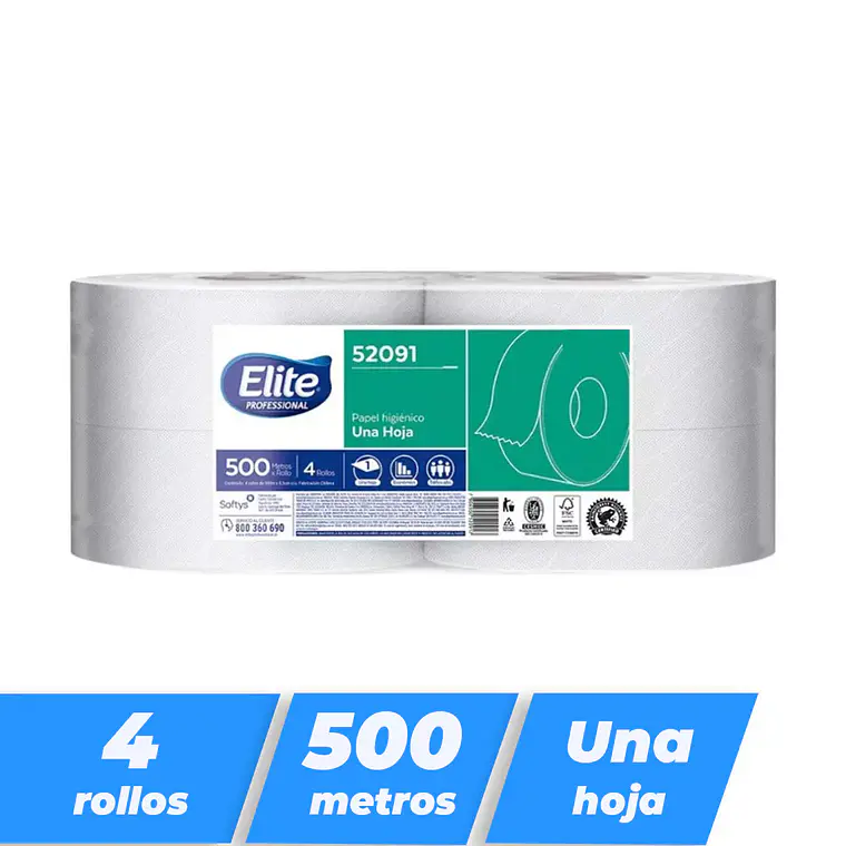 PAPEL HIGIENICO ELITE JUMBO ECONOMICO 500 MTS 4 ROLLOS PAQ 1