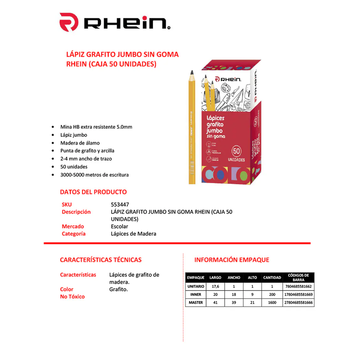 Lápiz Grafito Jumbo S/Goma RHEIN (caja 50 Unidades) 2
