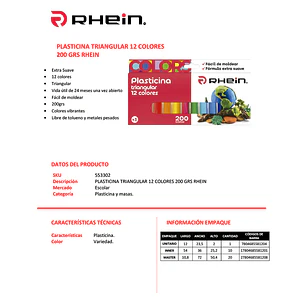 Plasticina Triangular RHEIN 12 Colores 200 Grs