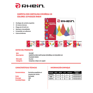 Carpeta Con Cartulina Española RHEIN 10 Colores 10 Pliegos