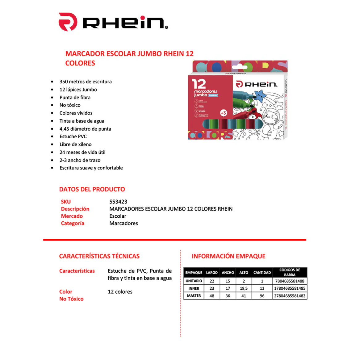 Marcadores Escolar Jumbo RHEIN 12 Colores 2