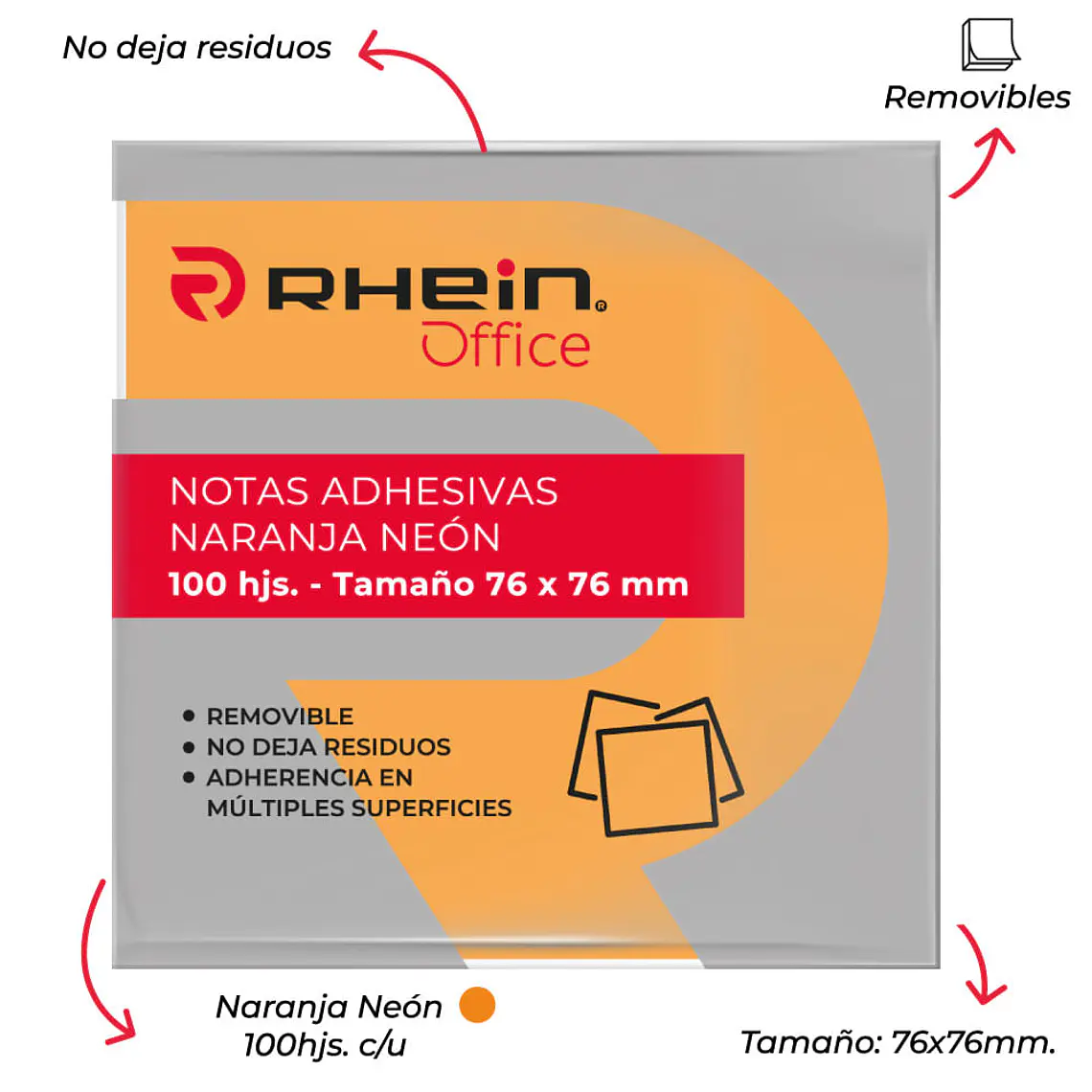 Nota Adhesiva 654 7.6 X 7.6 CM Naranjo Neon 100 Hojas 2