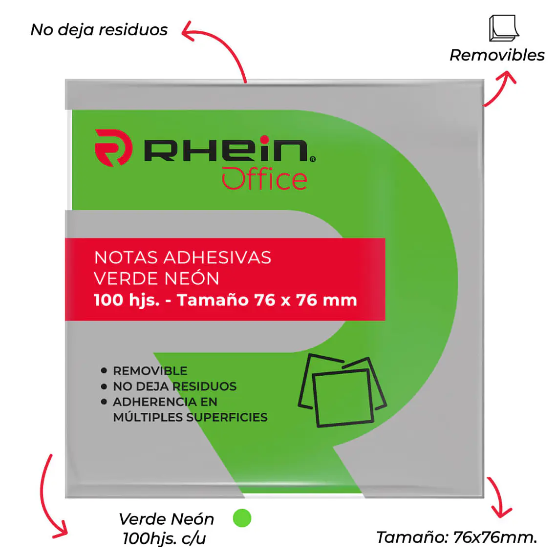 Nota Adhesiva 7.6 X 7.6 CM Verde Neon 100 Hojas Notes 2