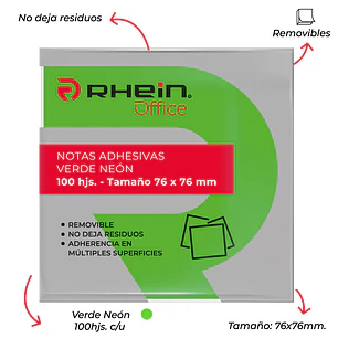 Nota Adhesiva 7.6 X 7.6 CM Verde Neon 100 Hojas Notes