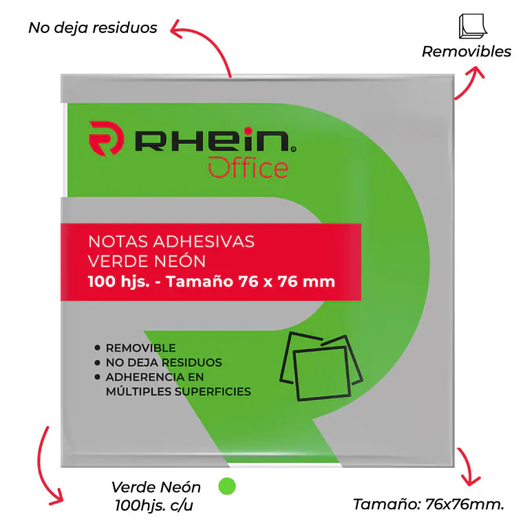 Nota Adhesiva 7.6 X 7.6 CM Verde Neon 100 Hojas Notes 2