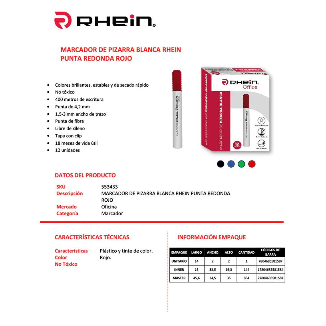 Marcador De Pizarra Blanca RHEIN Punta Redonda Rojo 2