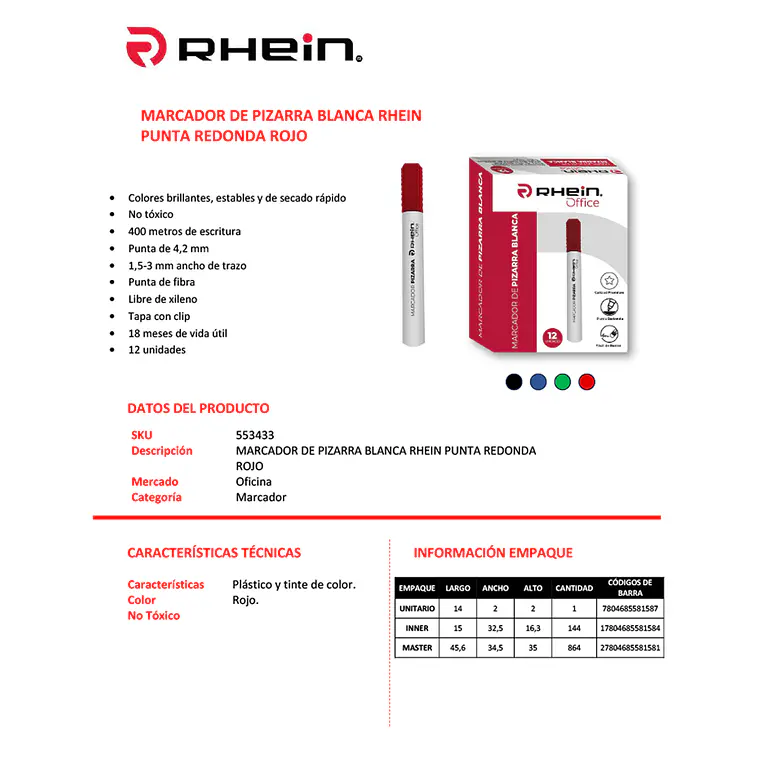 Marcador De Pizarra Blanca RHEIN Punta Redonda Rojo 2