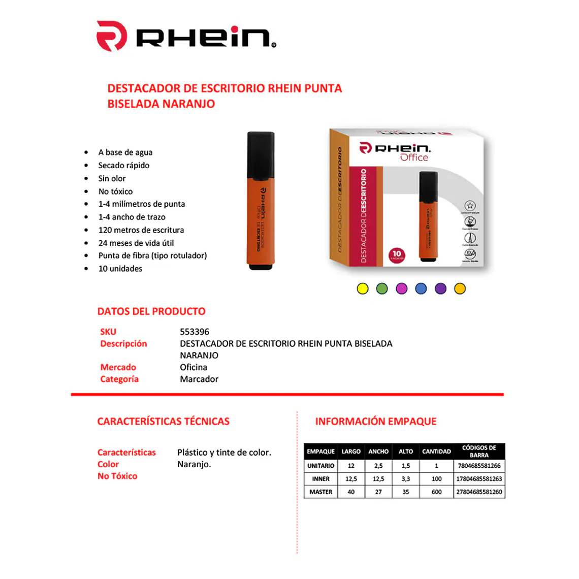Destacador De Escritorio RHEIN Punta Biselada Naranjo 2