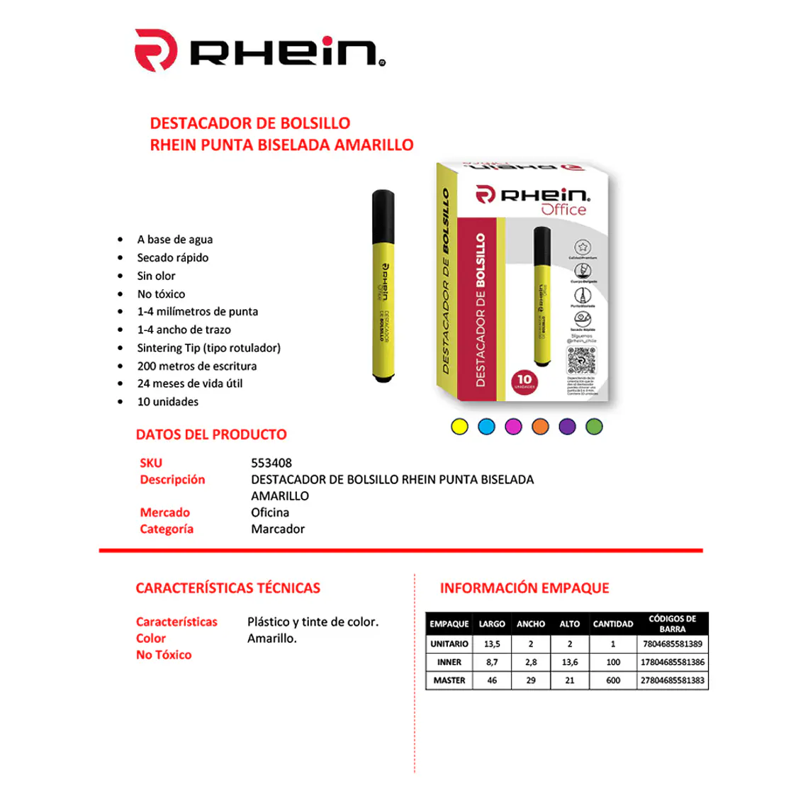 Destacador De Bolsillo RHEIN Punta Biselada Amarillo 2