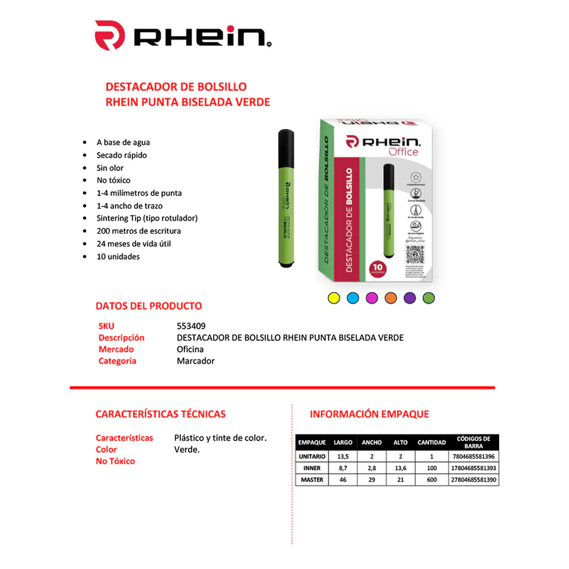 Destacador De Bolsillo RHEIN Punta Biselada Verde 2