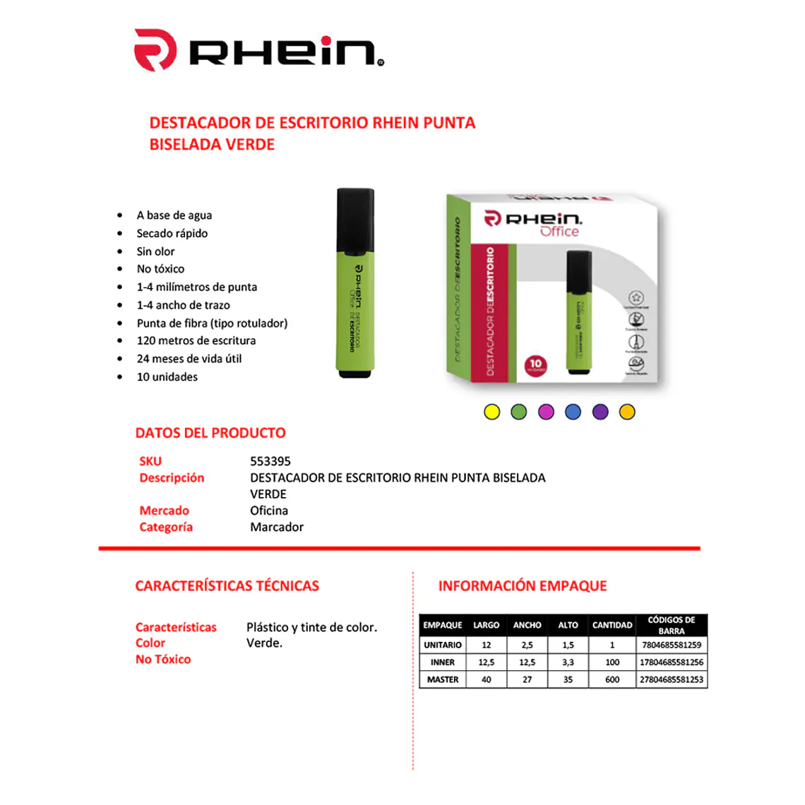 Destacador De Escritorio RHEIN Punta Biselada Verde 2