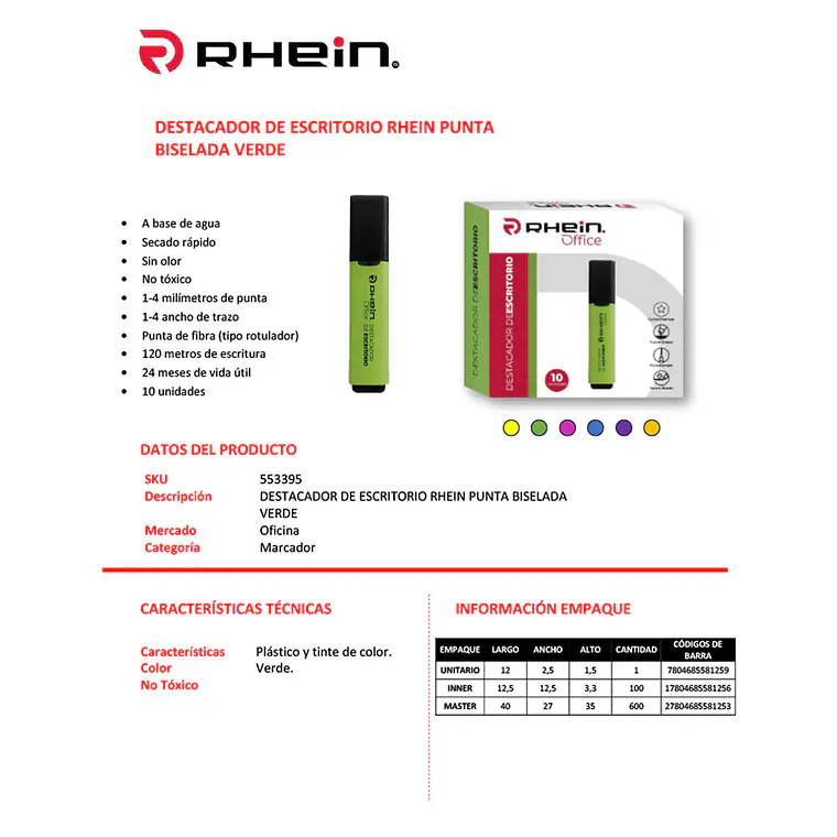 Destacador De Escritorio RHEIN Punta Biselada Verde 2