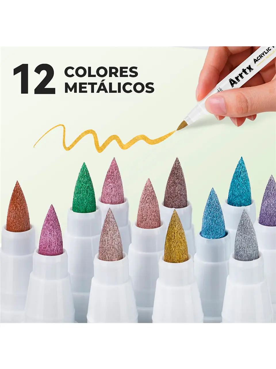 ARRTX MARCADORES METÁLICOS DE PINTURA ACRÍLICA 12 COLORES PUNTA PINCEL 3