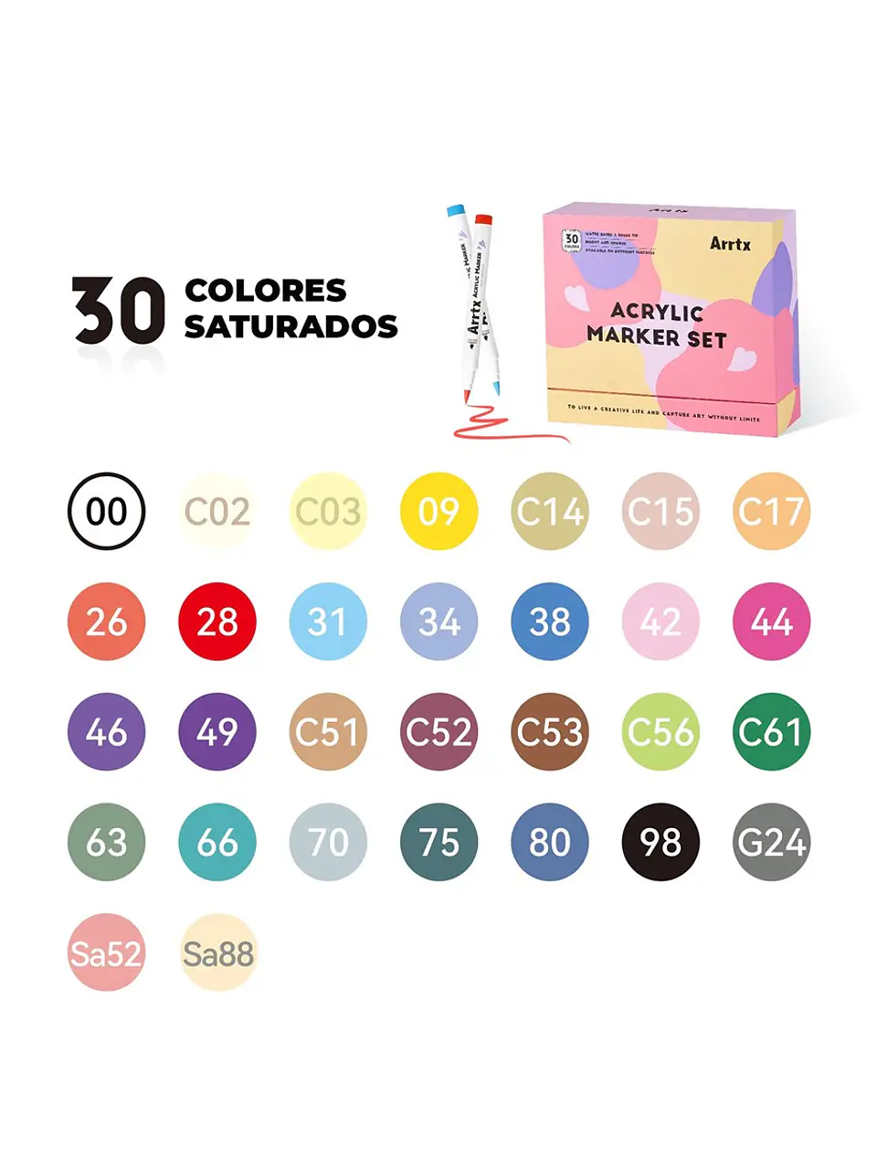ARRTX MARCADORES ACRÍLICOS DE 30 COLORES (PUNTA PINCEL) 5