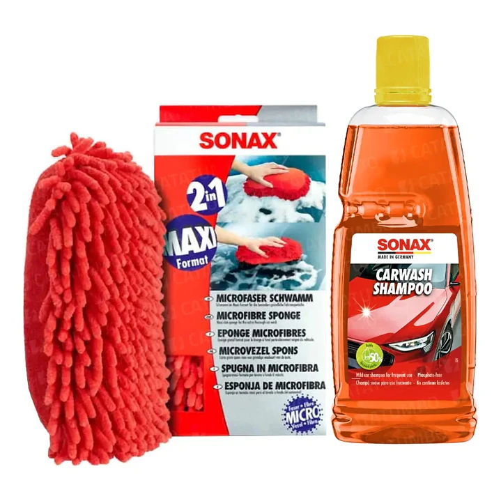 Pack Esponja Microfibra Auto Doble Cara + Shampoo Sonax 1