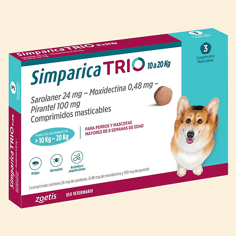SIMPARICA TRIO 10 A 20 KG.- Antiparasitario interno y externo 1
