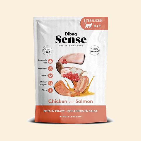 Alimento Húmedo para Gatos Dibaq Sense Bocaditos en Salsa Pollo con Salmón Pouch 100 g 1
