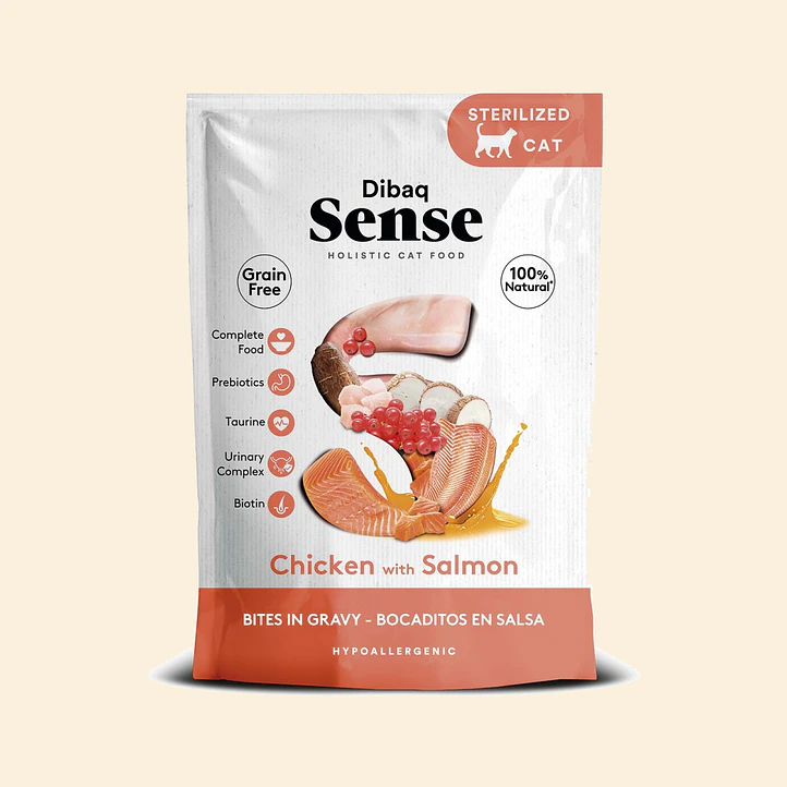Alimento Húmedo para Gatos Dibaq Sense Bocaditos en Salsa Pollo con Salmón Pouch 100 g 1