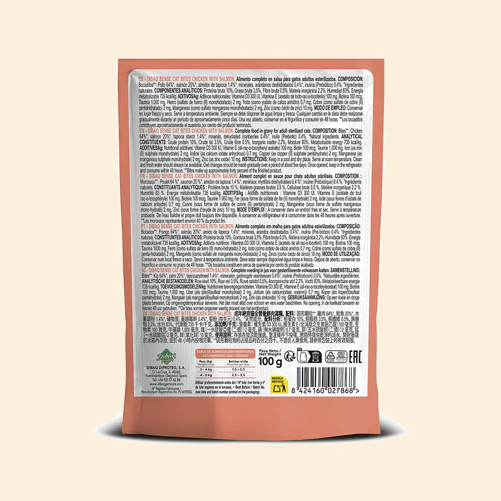 Alimento Húmedo para Gatos Dibaq Sense Bocaditos en Salsa Pollo con Salmón Pouch 100 g 2