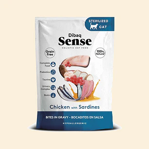 Alimento Húmedo para Gatos Dibaq Sense Bocaditos en Salsa Pollo con Sardinas Pouch 100 g
