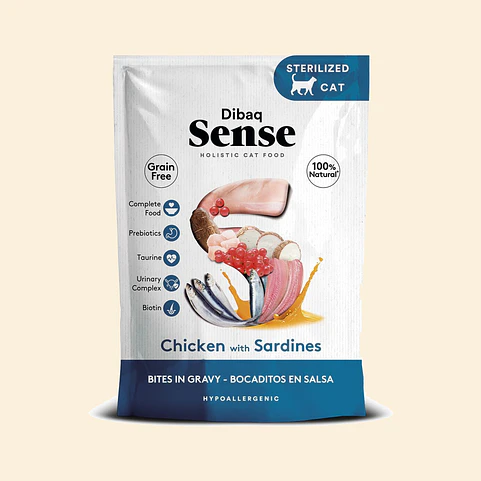 Alimento Húmedo para Gatos Dibaq Sense Bocaditos en Salsa Pollo con Sardinas Pouch 100 g 1