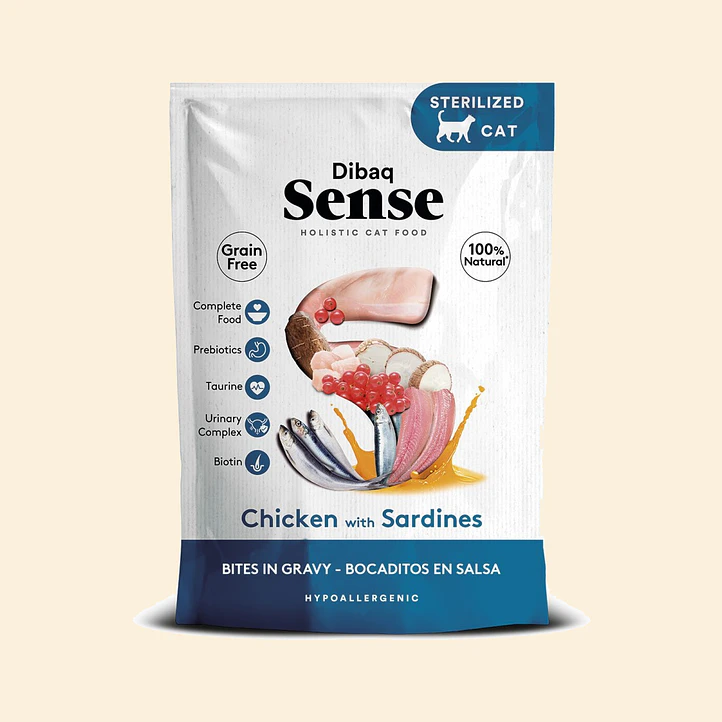 Alimento Húmedo para Gatos Dibaq Sense Bocaditos en Salsa Pollo con Sardinas Pouch 100 g 1