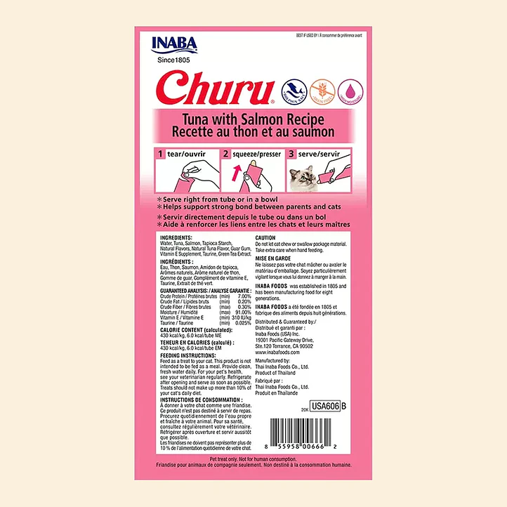 Snack Cremoso para Gatos Inaba Churu Atún con Salmón 4 Tubitos 56 g 2