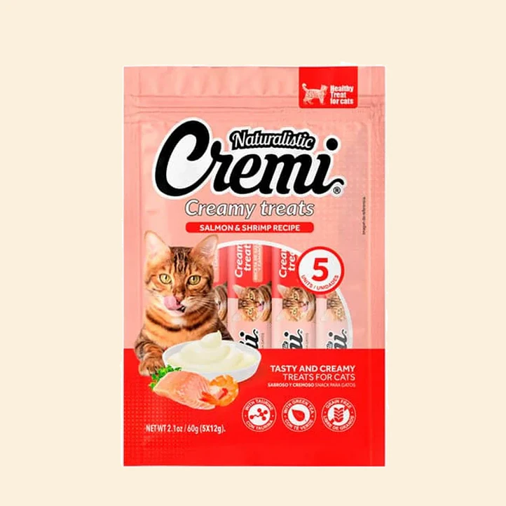 Naturalistic Cremi Salmón y Camarón | Snack Cremoso para Gatos | 5 tubos de 12 gr. 1